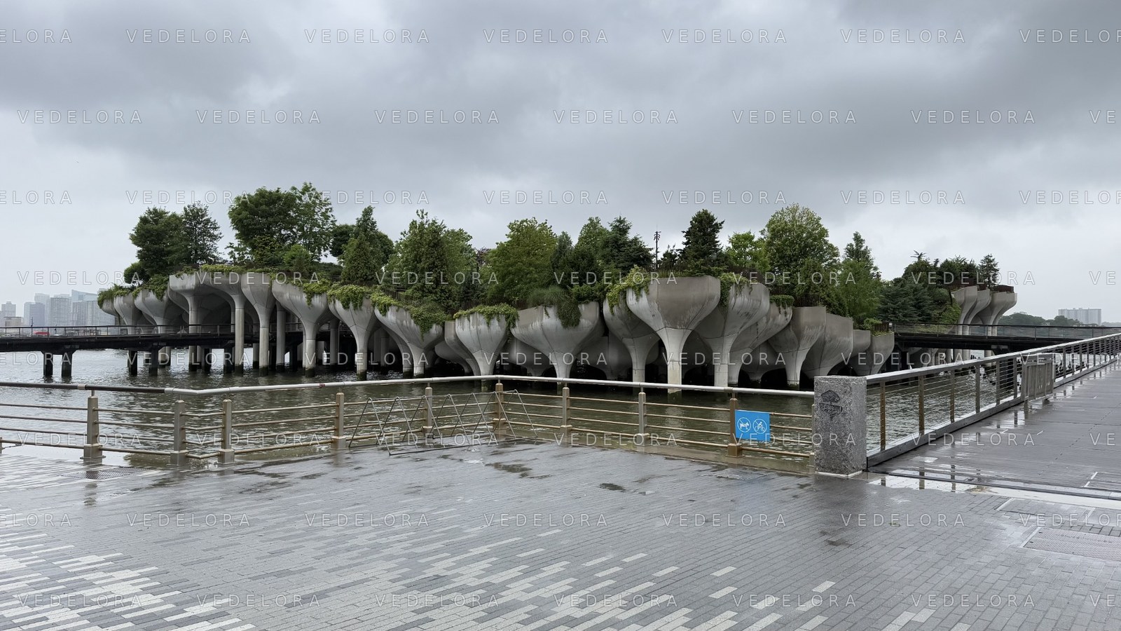 Little Island, New York City, with its sculptural concrete supports and trees along the Hudson River — watermarked VEDELORA preview